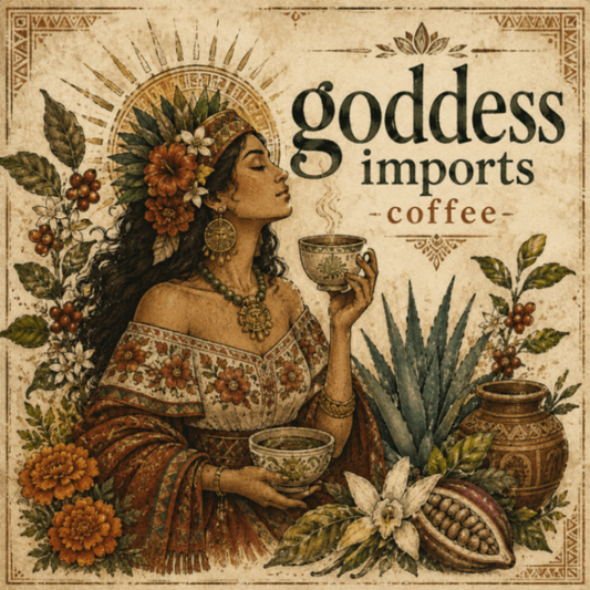 Mexican Latina goddess in traditional textile surrounded by marigolds, cacao, and coffee branches, illustrated in a warm vint