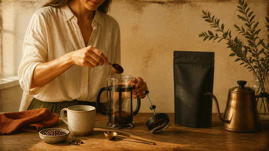 Contemporary French press coffee ritual on a warm wood table